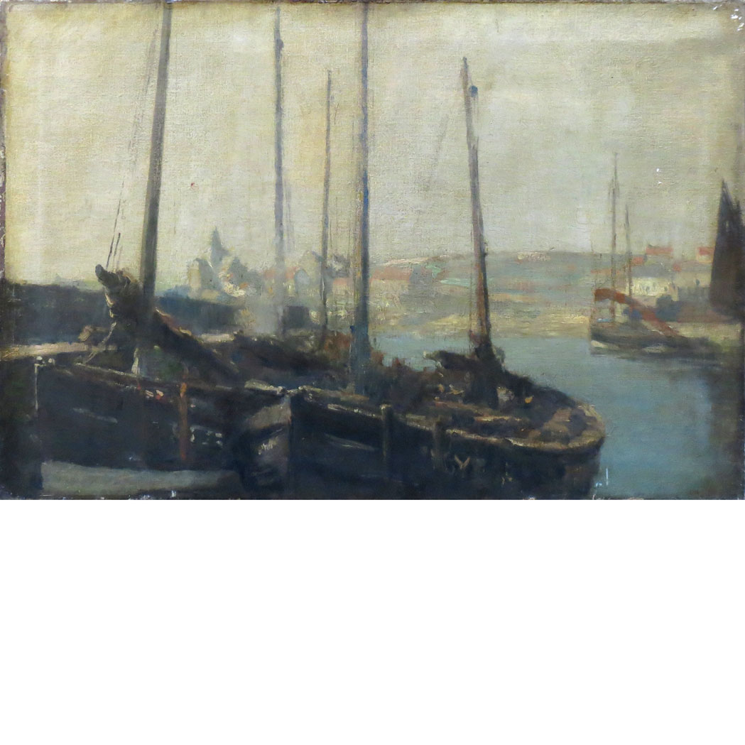 Appraisal: American School th Century View of a Harbor Oil on