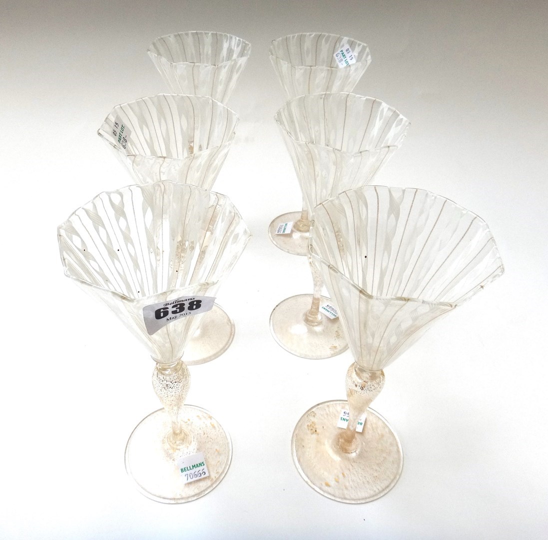 Appraisal: A set of six latticino wine glasses late th century