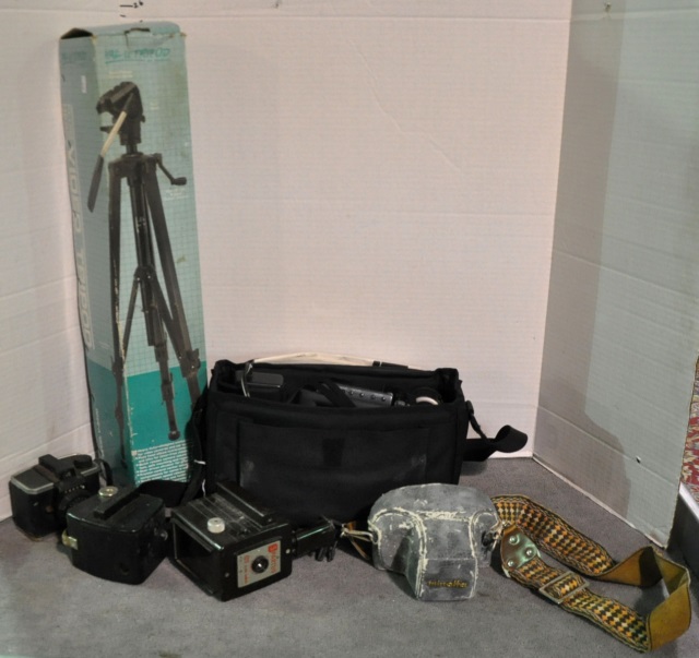 Appraisal: Sharp Liquid Crystal CamcorderWith video tripod and vintage cameras Ansco