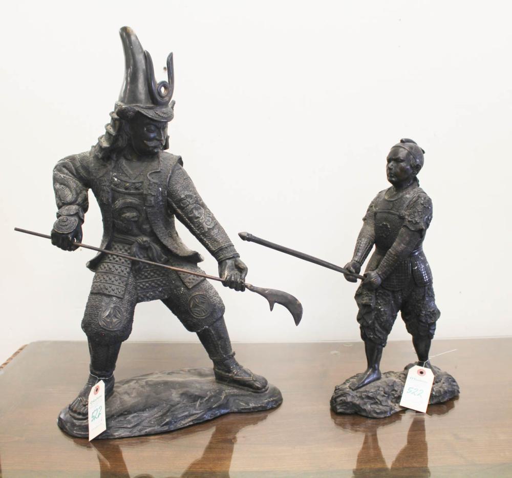 Appraisal: TWO FIGURAL BRONZE SCULPTURES Japanese Samurai warriors in battle pose