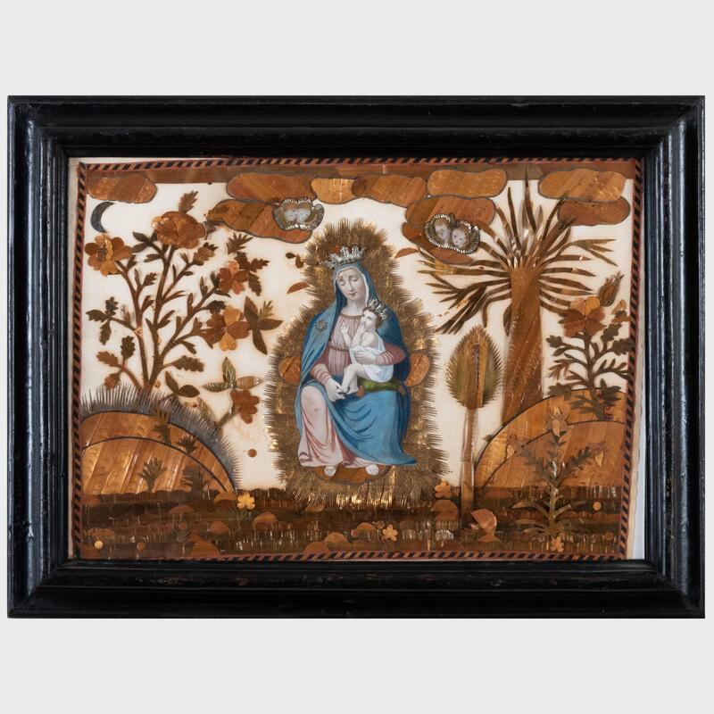 Appraisal: Continental Painted and Straw-Work Madonna and Child x in frame