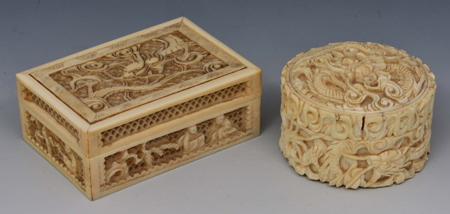 Appraisal: A Chinese Canton ivory rectangular pierced boxlate th Centurythe carved