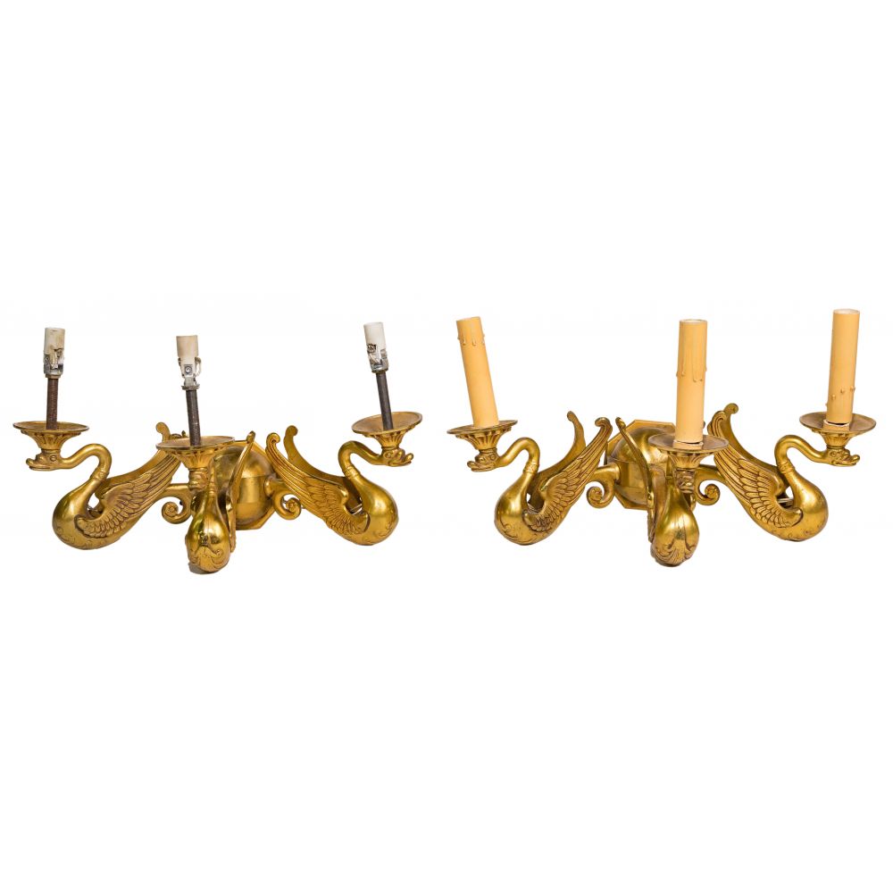 Appraisal: SWAN BRASS WALL SCONCESPair of sconces each having swans from