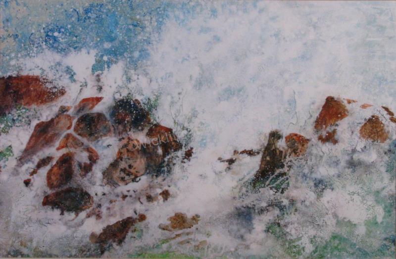 Appraisal: Unsigned th century x Mixed Media Crashing Waves Depicting rocky