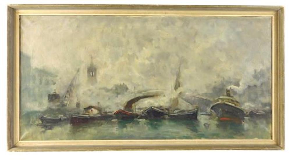 Appraisal: th C oil on canvas many boats emerge from a