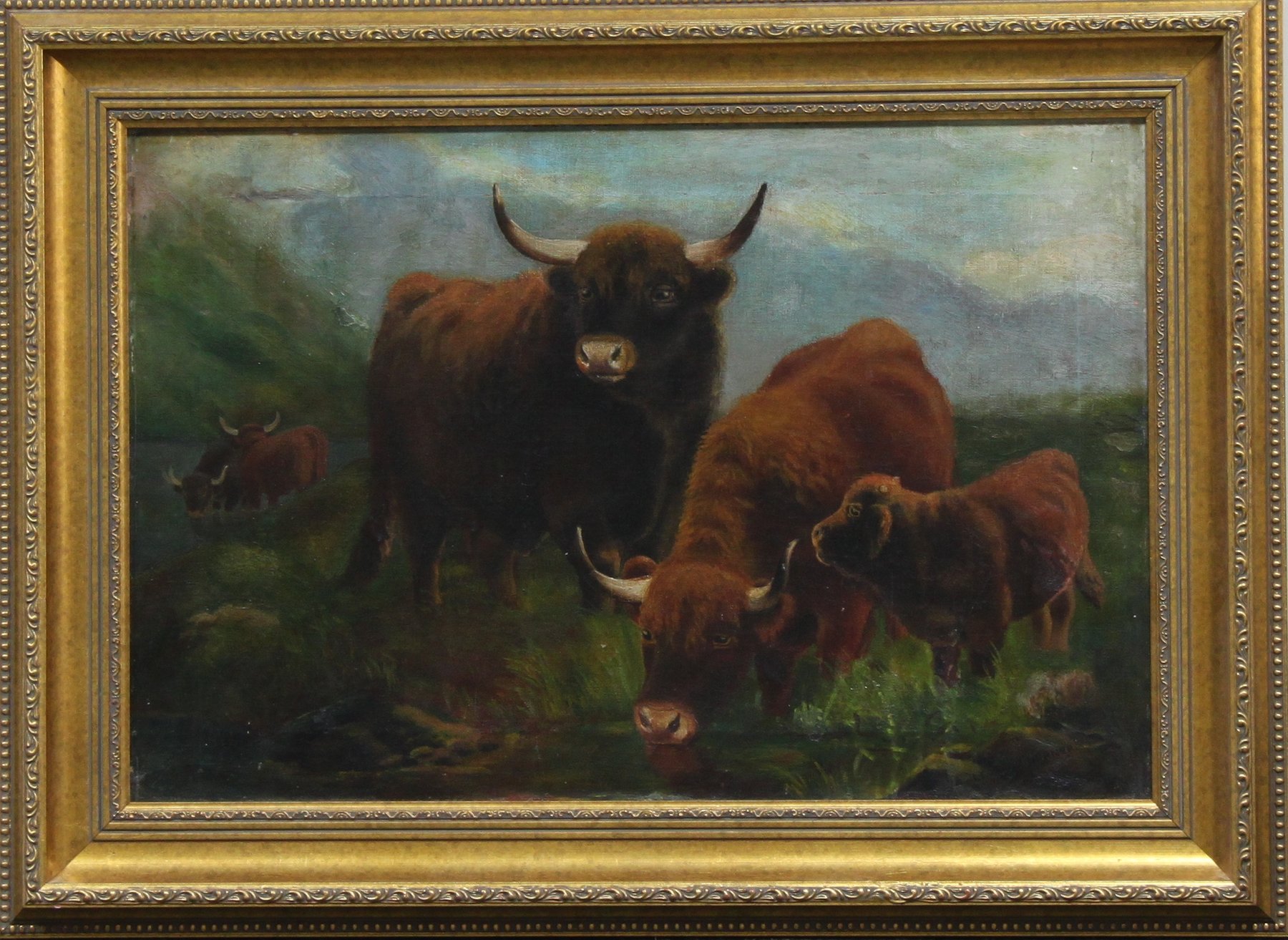 Appraisal: Leonard Horner Highland Cattle Watering oil on canvas cm x