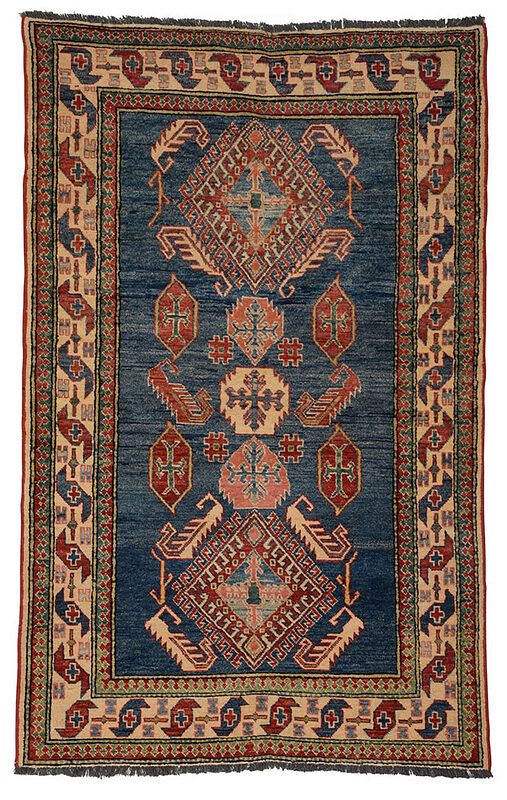 Appraisal: Caucasian Rug th century two medallions with serrated edges flanked