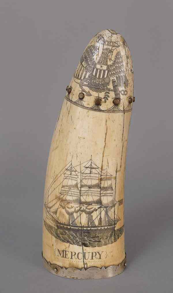 Appraisal: Scrimshaw decorated tusk th c depicting the ship Mercury beneath