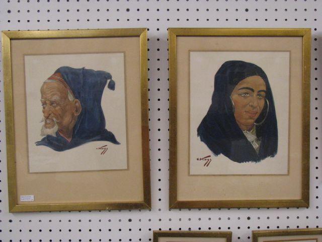 Appraisal: H Kleiss Watercolors man woman of Morocco pair signed