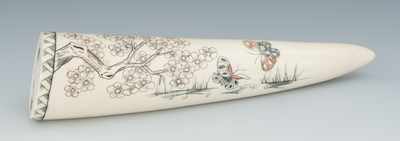 Appraisal: A Japanese Scrimshaw Tusk tip with double-sided scrimshaw decoration of