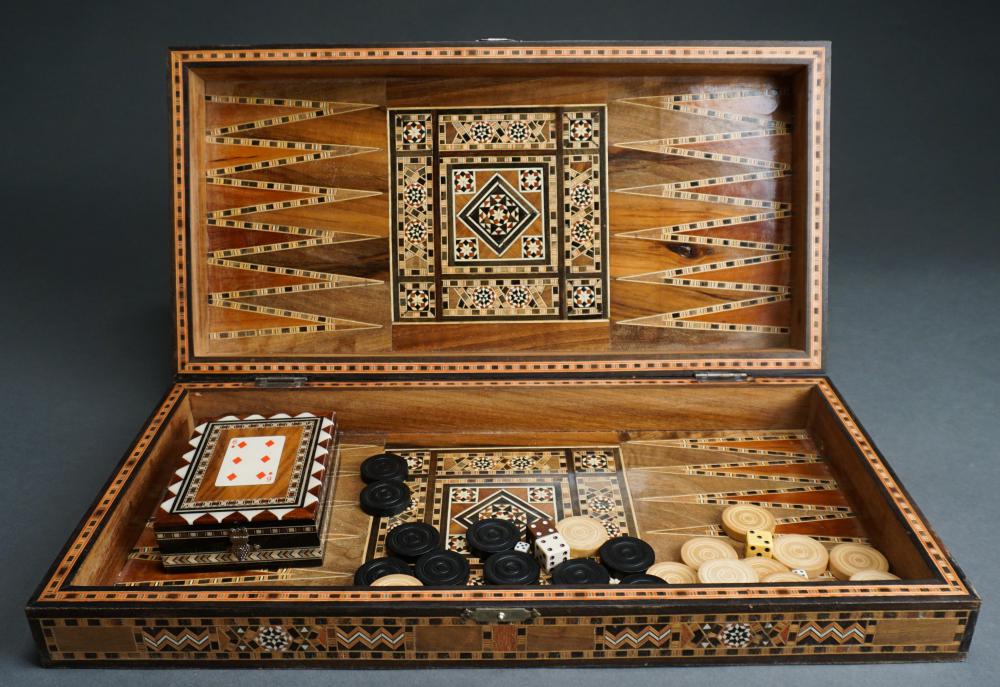 Appraisal: Inlaid Wood Checkers Backgammon Board with Wood Checkers Pieces and