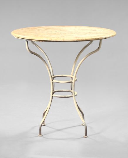 Appraisal: French-Style Polychromed Wrought-Iron and Marble-Top Bistro Table the circular variegated