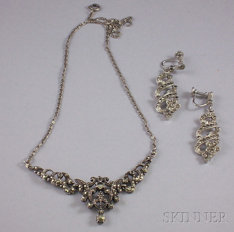 Appraisal: Sterling Silver and Marcasite Necklace and Earpendants