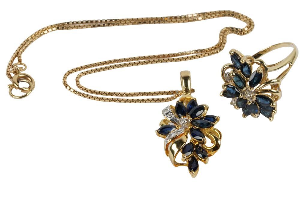 Appraisal: SUITE OF KARAT YELLOW GOLD SAPPHIRE DIAMOND JEWELRYcomprising a necklace