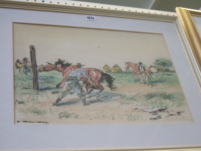 Appraisal: Enrique Castells Capurro - Cowboys pen ink and wash signed