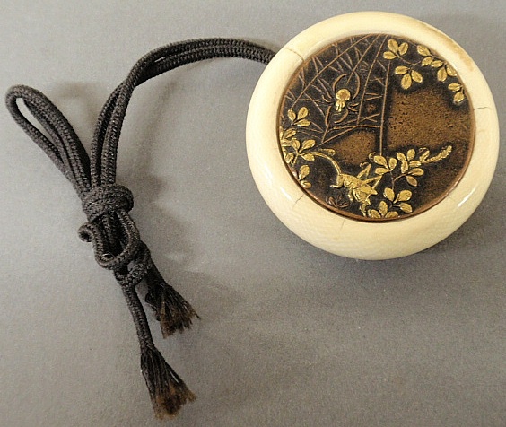 Appraisal: - Round Chinese ivory and bronze kagamibuta decorated with gilt