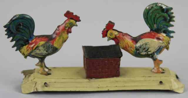 Appraisal: FEEDING CHICKENS PENNY TOY Meier Germany lithographed tin lever controls