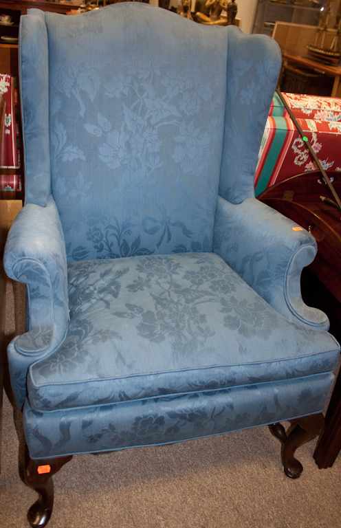 Appraisal: Queen Anne style mahogany upholstered wing chair Estimate - No