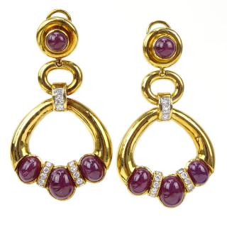 Appraisal: Cabochon Burma Ruby Diamond and Karat Yellow Gold Pendant Earrings