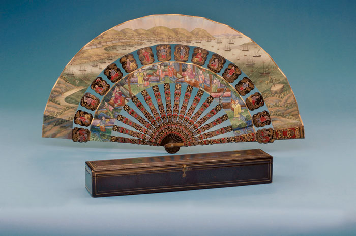 Appraisal: IMPORTANT CHINESE EXPORT FAN WITH AN EXTENSIVE VIEW OF HONG