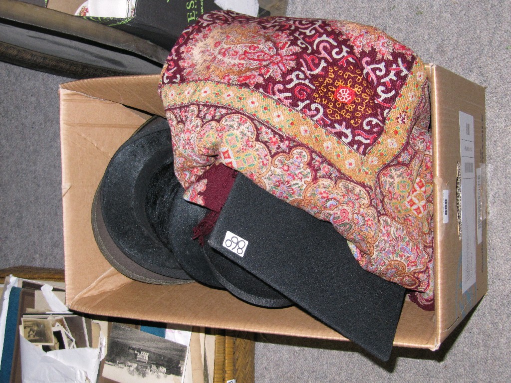 Appraisal: Box of assorted hats textiles etc and an eastern serving