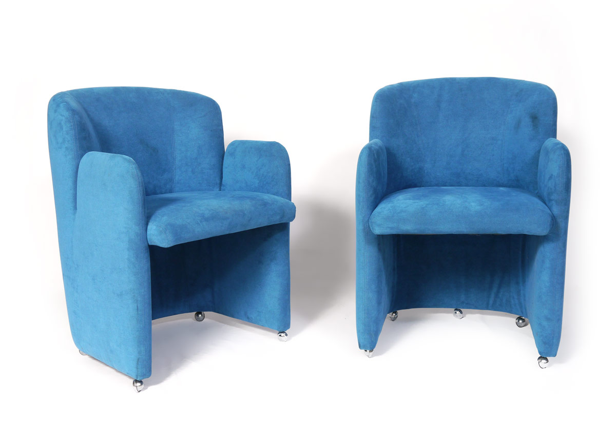 Appraisal: VLADIMIR KAGAN FOR WEIMAN PREVIEW PAIR BLUE BARREL CHAIRS Attribution