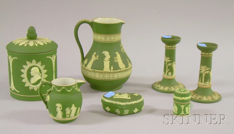 Appraisal: Seven Wedgwood Olive Green Jasper Dip Items a small jug