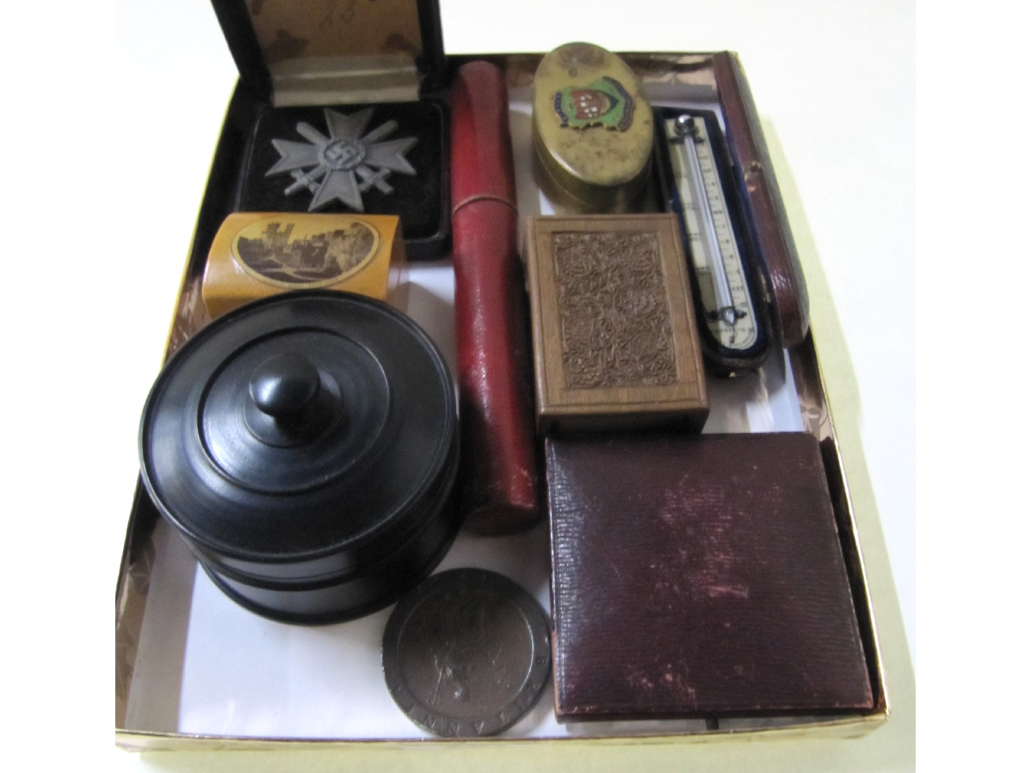 Appraisal: A box of miscellania - German military cross Mauchline box