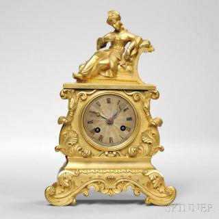 Appraisal: Diminutive Gilt-brass Figural Mantel Clock France c the Grecian-style female