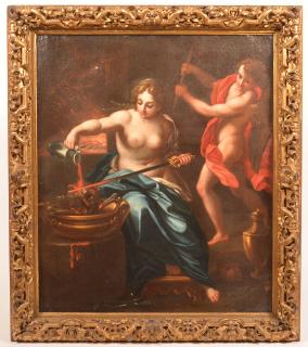 Appraisal: Baroque Oil on Canvas Painting Depicting a young woman pouring