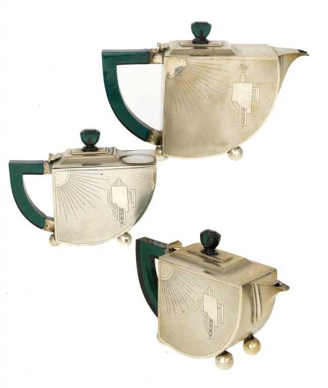 Appraisal: A CONTINENTAL ART DECO TEA SERVICE the frosted sides engraved