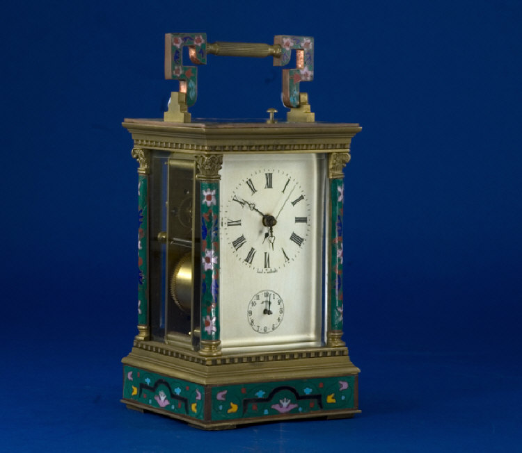 Appraisal: Brass Enamelled Repeating Carriage Clock Corinthian Column Corners Overall Eight