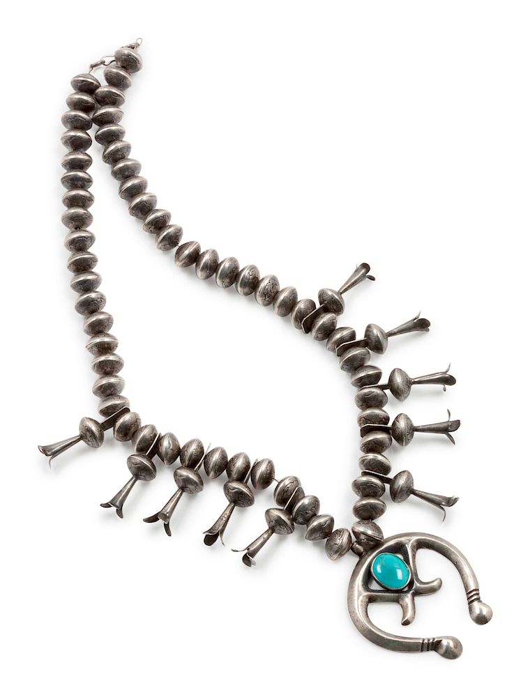 Appraisal: Southwestern Silver and Turquoise Squashblossom Necklace overall length inches height