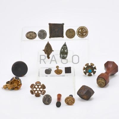 Appraisal: ANTIQUE SEALS FOBS AND LARGE GARNET CRYSTAL Eighteen pieces includes