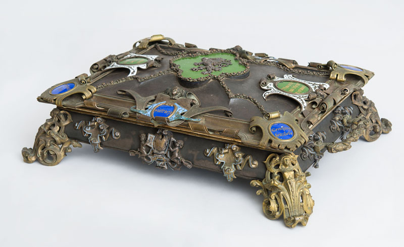 Appraisal: AUSTRIAN RENAISSANCE STYLE BRASS AND GILT-METAL-MOUNTED ENAMEL AND CLOISONN BOX