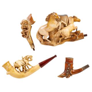 Appraisal: EQUESTRIAN MEERSCHAUM PIPES Four One heavily carved with two horses