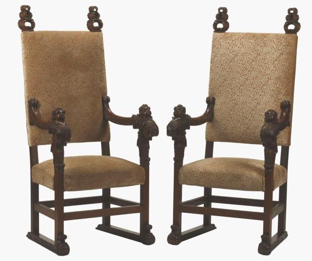 Appraisal: pair Spanish figural upholstered throne chairs th c approx h