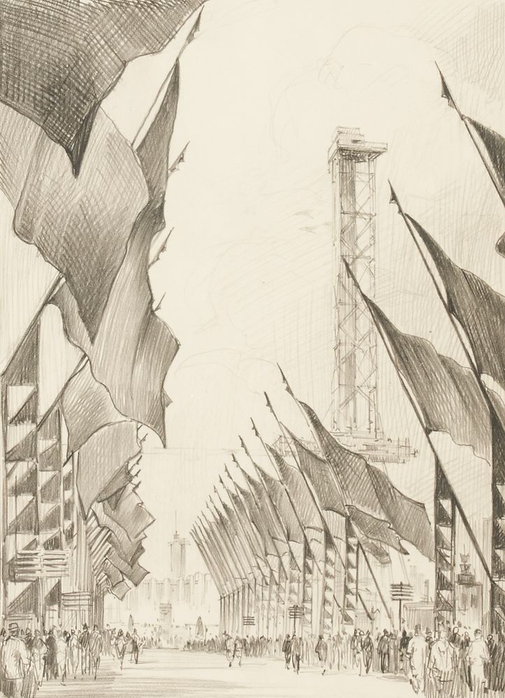 Appraisal: Leon Pescheret Avenue of Flags Chicago Fair Graphite Drawing Leon