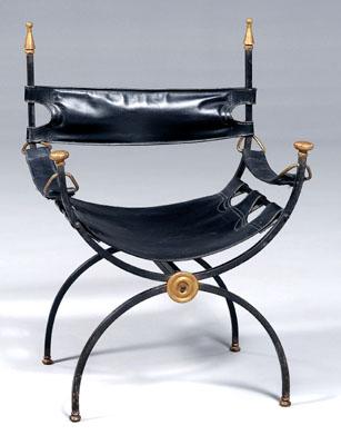 Appraisal: Roman style iron and leather chair wrought iron with brass