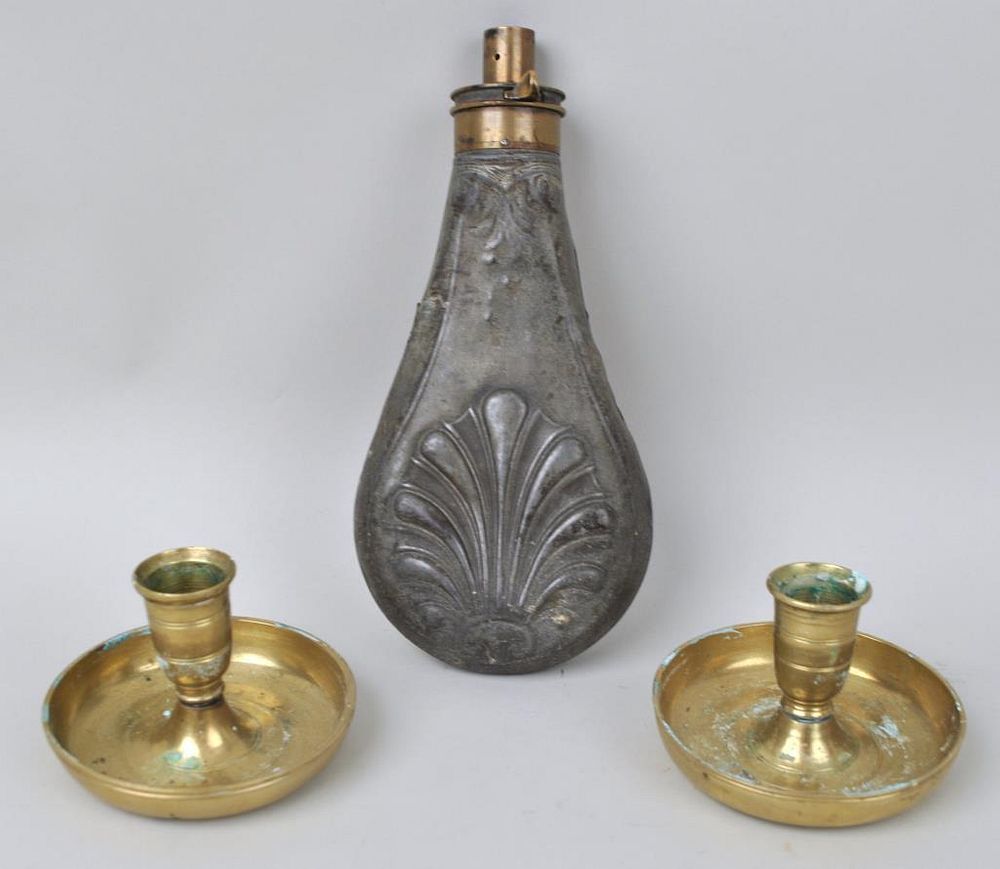 Appraisal: Pair Brass Campaign Candlesticks Powder Flask powder flask high wide