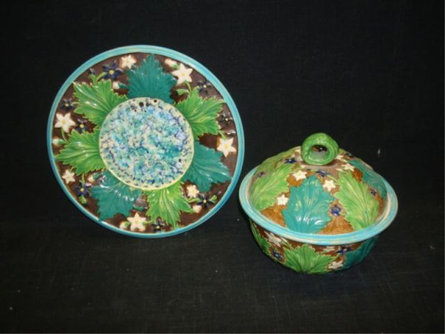 Appraisal: Majolica lidded bowl and plate From a Riverdale NYC estate