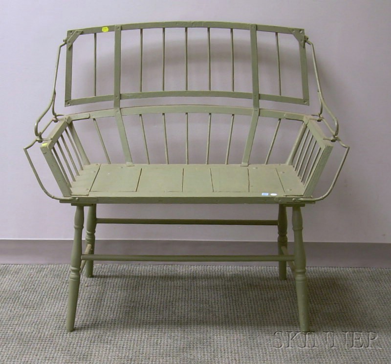 Appraisal: Green-painted Iron-mounted Wooden Buggy Seat Converted Settee ht wd in