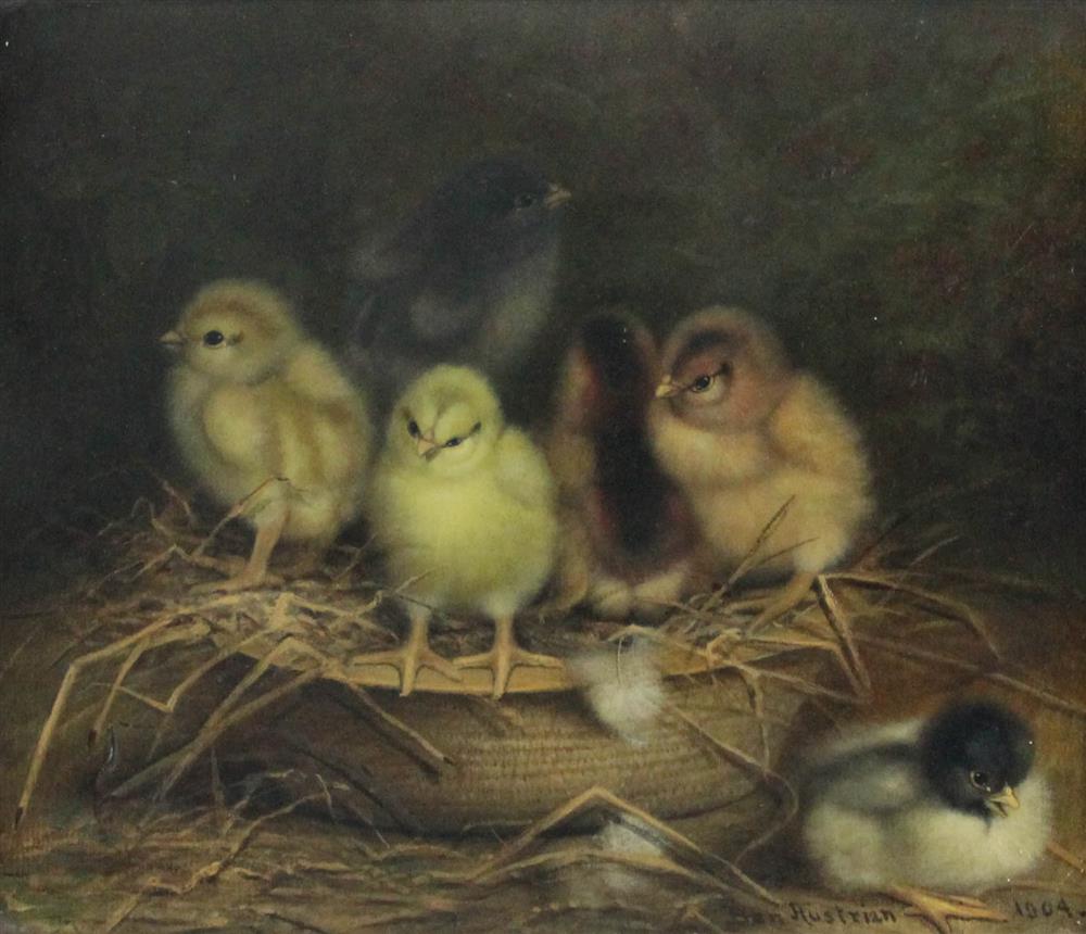 Appraisal: BEN AUSTRIAN AMERICAN - CHICKS IN BASKET Oil on canvas