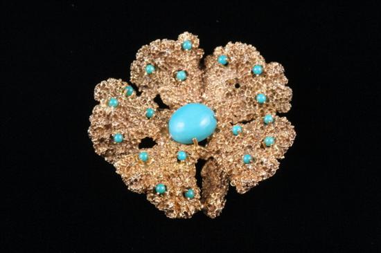 Appraisal: K YELLOW GOLD AND TURQUOISE FLOWERHEAD DESIGN PIN PENDANT Five-petal