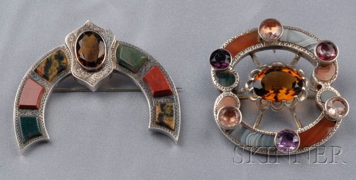 Appraisal: Two Victorian Silver Scottish Agate and Gem-set Brooches one Celtic