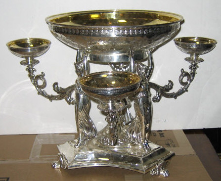 Appraisal: PLATED SILVER FIGURAL EPERGNE Regency style in form of three