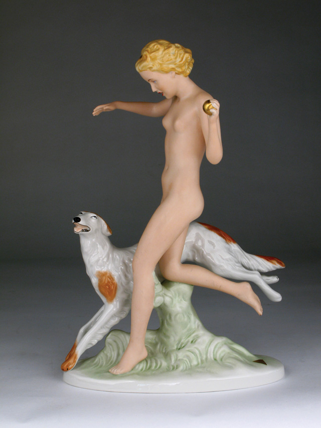 Appraisal: ROYAL DUX GLAZED PAINTED PORCELAIN FIGURINE a nude female playing