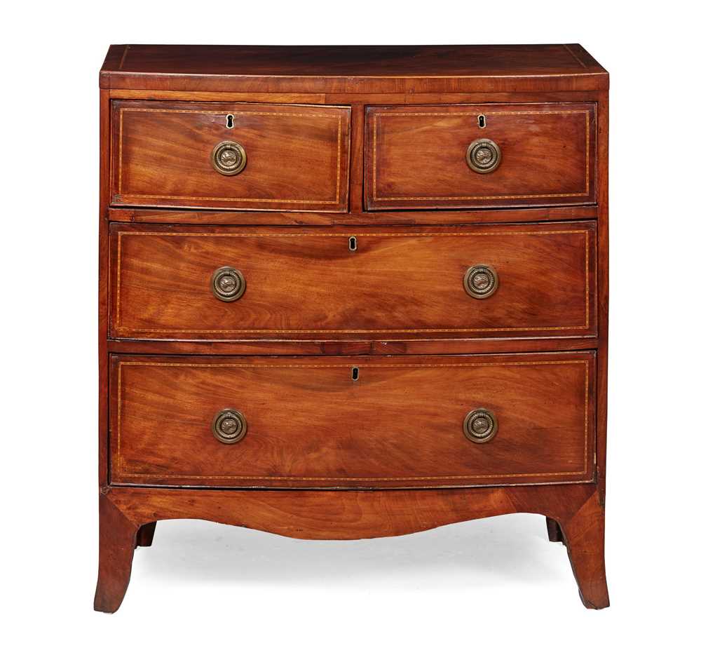 Appraisal: REGENCY MAHOGANY CHEQUER BANDED BOWFRONT CHEST OF DRAWERS EARLY TH