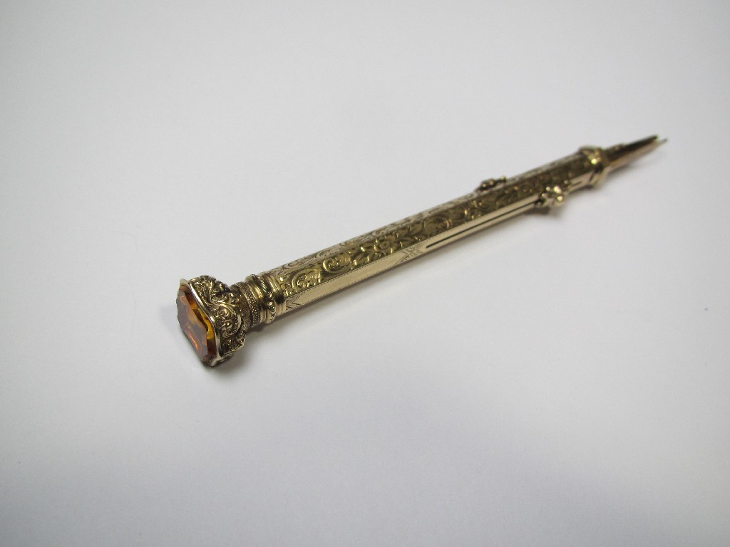 Appraisal: Victorian gold plated pencil pen with stone set top