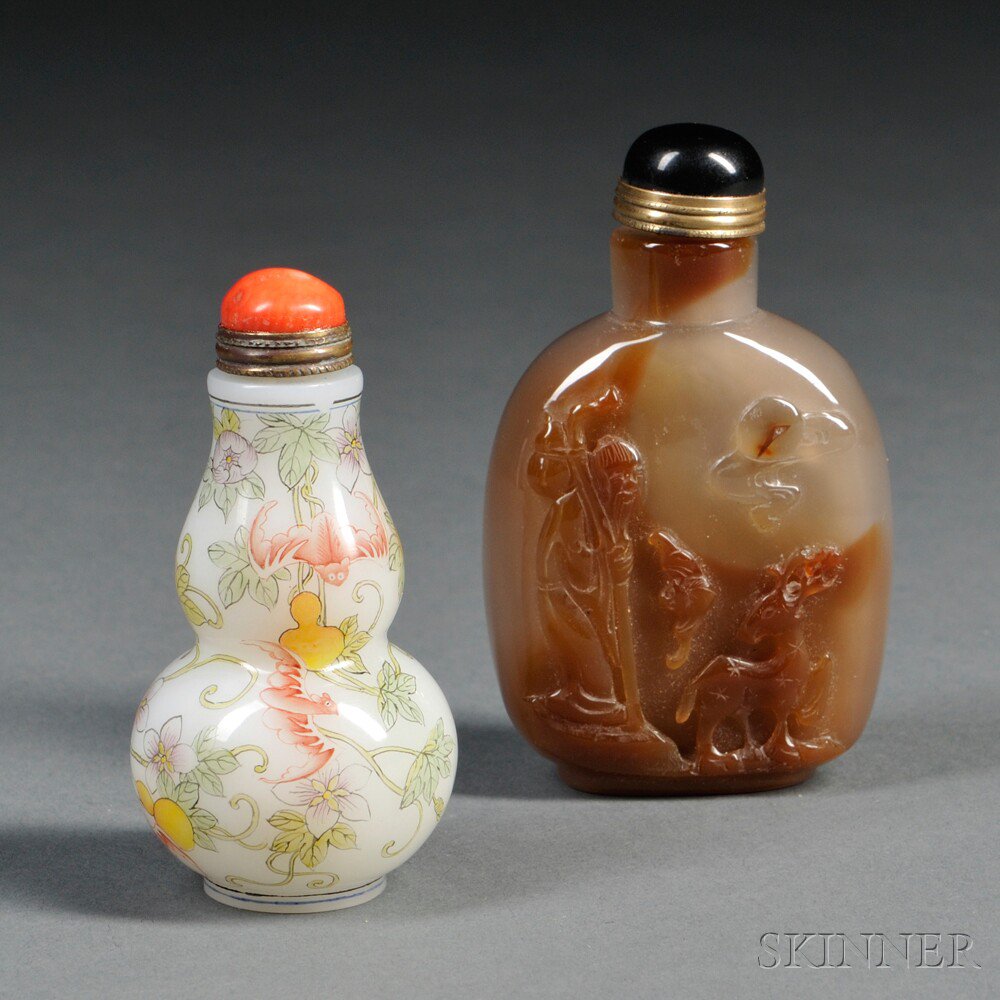 Appraisal: Two Snuff Bottles China a double gourd glass bottle painted